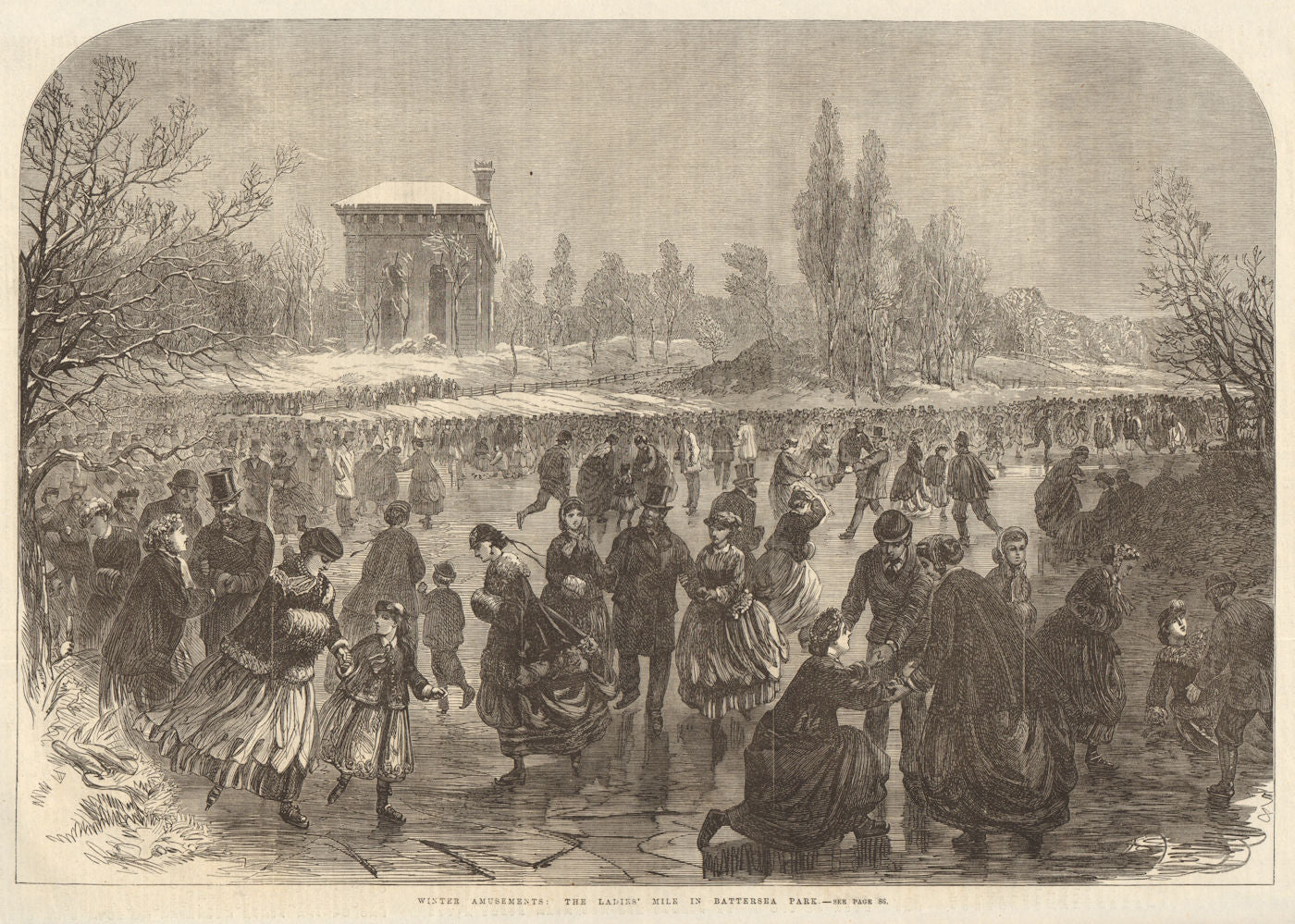 The Ladies' Mile in Battersea Park. London. Winter Sports Ice Skating 1867